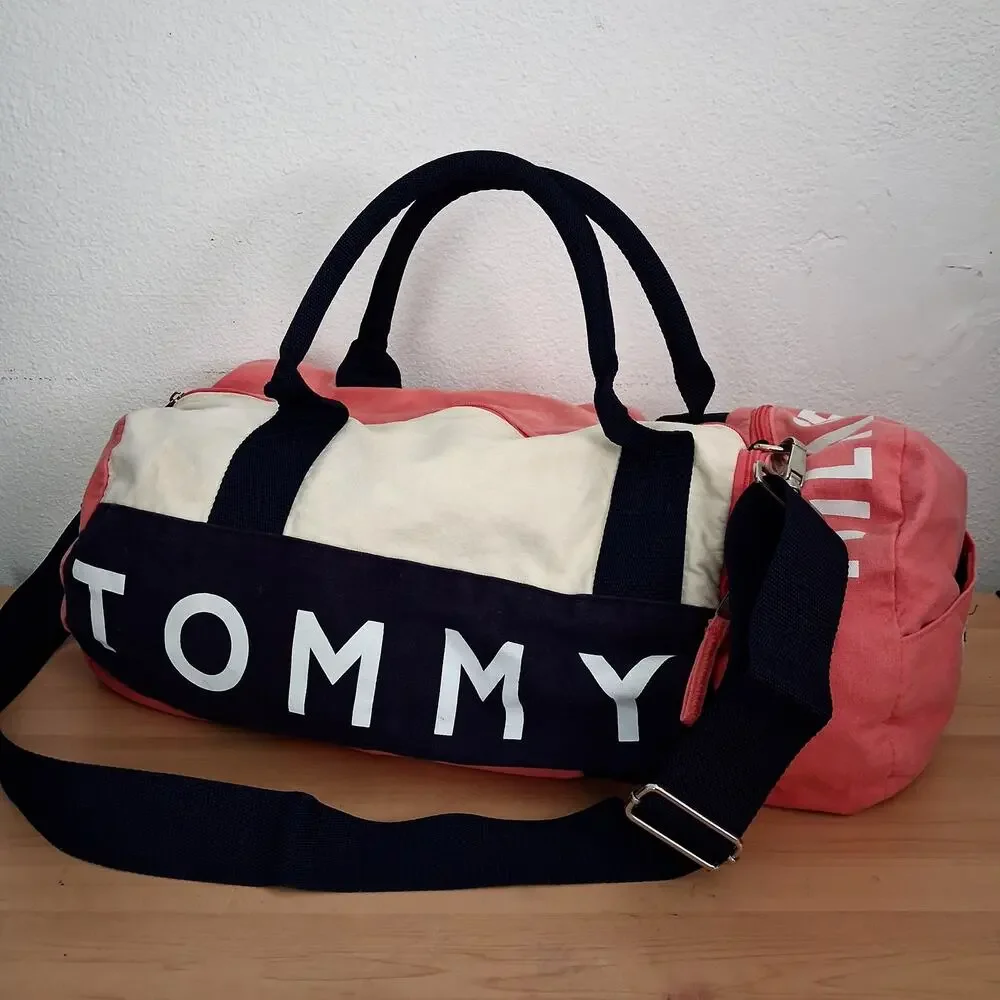 Vintage Tommy Hilfiger Duffle Bag Strap Spell Out Canvas Travel Zipper Pockets